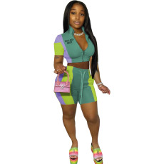 Plus Size Letter Print Color Block Short Sleeve Shorts Two Piece Set WAF-77567239