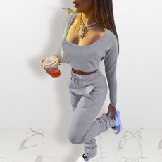 Solid Color Long Sleeve Pleated Pants Two Piece Set HNIF-8038