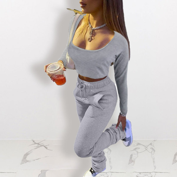 Solid Color Long Sleeve Pleated Pants Two Piece Set HNIF-8038