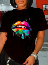 Plus Size Lips Print Solid T Shirt SXF-30424