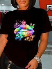 Plus Size Butterfly Lips Printed T-shirt SXF-30426
