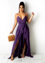 Sling V Neck Belts Loose Slit Jumpsuit ANDF-1530