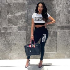PINK Letter Print Color Blocking Two Piece Pants Set XMF-277