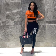 PINK Letter Print Color Blocking Two Piece Pants Set XMF-277