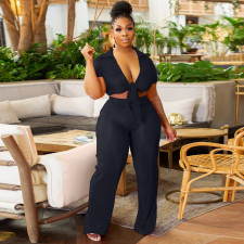 Solid Color Tie Up Tops And Wide Leg Pants Two Piece Set YNSF-1897