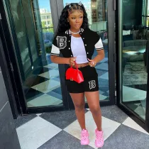 Letter Print Baseball Coat Patchwork Two Piece Shorts Set WSYF-59220