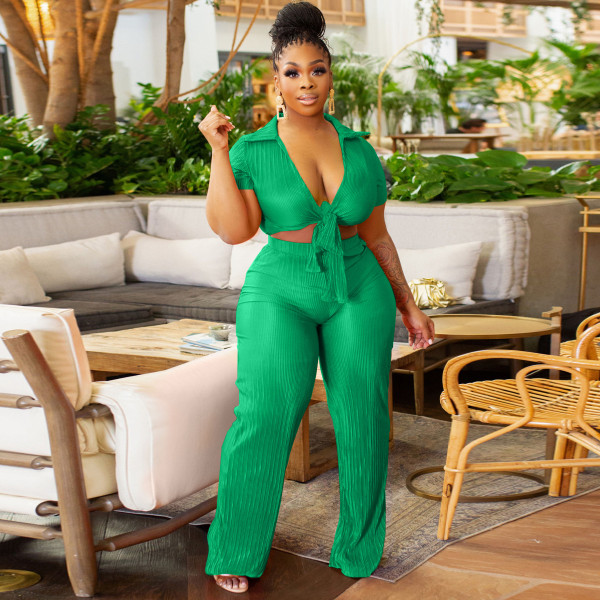 Solid Color Tie Up Tops And Wide Leg Pants Two Piece Set YNSF-1897