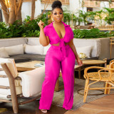Solid Color Tie Up Tops And Wide Leg Pants Two Piece Set YNSF-1897