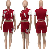 Letter Print Baseball Coat Patchwork Two Piece Shorts Set WSYF-59220