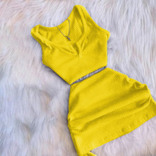 Sexy Solid Sleeveless Top Drawstring Skirt Suit QKYF-71357