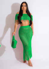 Fashion Short Sleeve Tassel Beach Skirt Two Piece Set TR-1256