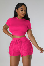 Solid Color Short Sleeve Tassel Shorts 2 Piece Set YD-8729