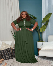 Plus Size Print Tie Up Short Sleeve Skirts Two Piece Set WAF-775691