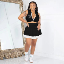 Solid Patchwork Zipper Pleated Skirt Two Piece Set XMF-278