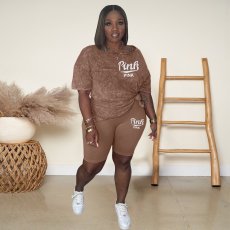 PINK Letter Print Short Sleeve Shorts Two Piece Set LP-66897