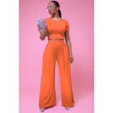 Casual Solid Short Sleeve Wide Leg Pant Two Piece Set FOSF-8361