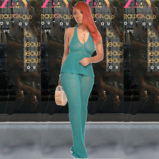 Sexy Solid Sleeveless Flare Pants Two Piece Set QXTF-8161