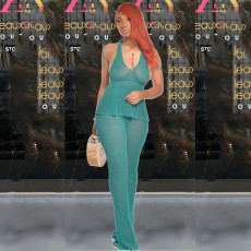 Sexy Solid Sleeveless Flare Pants Two Piece Set QXTF-8161