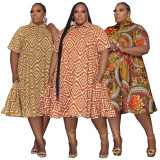 Plus Size Fashion Print Lapel Neck Shirt Dress NNWF-7818