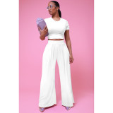 Casual Solid Short Sleeve Wide Leg Pant Two Piece Set FOSF-8361