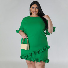 Plus Size Solid Color Ruffle Patchwork Midi Dress NNWF-7832
