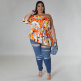 Plus Size Single Shoulder Long Sleeve Tie Up Tops NNWF-7845