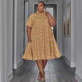 Plus Size Fashion Print Lapel Neck Shirt Dress NNWF-7818