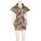 Camouflage Print Lapel Tight Mini Dress ZSD-0582