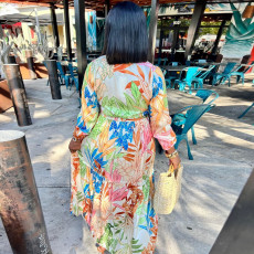 Plus Size Long Sleeve Tie Up Print Dress NY-10448