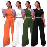 Casual Solid Short Sleeve Wide Leg Pant Two Piece Set FOSF-8361