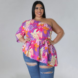 Plus Size Single Shoulder Long Sleeve Tie Up Tops NNWF-7845