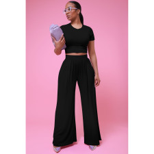 Casual Solid Short Sleeve Wide Leg Pant Two Piece Set FOSF-8361