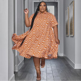 Plus Size Fashion Print Lapel Neck Shirt Dress NNWF-7818