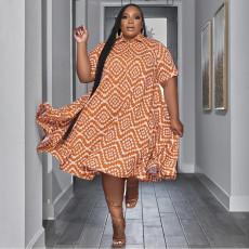 Plus Size Fashion Print Lapel Neck Shirt Dress NNWF-7818
