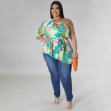 Plus Size Single Shoulder Long Sleeve Tie Up Tops NNWF-7845