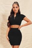 Solid Zipper Crop Tops And Skirt Two Piece Set YNSF-1899