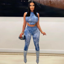 Denim Print Sleeveless Slim Two Piece Pants Set NY-10471