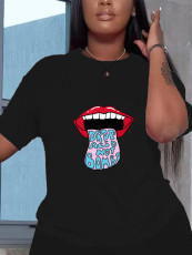 Plus Size Cartoon lip Letter print T-shirt SXF-30434