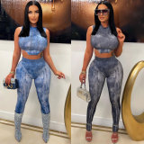 Denim Print Sleeveless Slim Two Piece Pants Set NY-10471