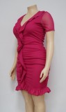 Plus Size Double Layer Ruffle V Neck Midi Dress NNWF-7816