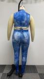 Denim Print Sleeveless Slim Two Piece Pants Set NY-10471