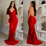 Sexy V Neck Backless Tie Up Maxi Dress BY-6359