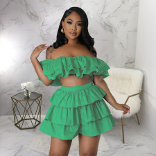 Ruffle Off Shoulder Tops Skirt Two Piece Set  YF-10493