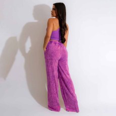 Solid Sleeveless Crop Tops And Pants Loose 2 Piece Set YF-10498