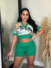 Print V Neck Crop Tops And Shorts Sport 2 Piece Set CM-8681