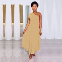 Single Shoulder Solid Big Swing Maxi Dress MIL-L476