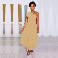 Single Shoulder Solid Big Swing Maxi Dress MIL-L476