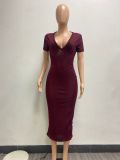 Casual Solid Color V Neck Long Dress NYF-8144