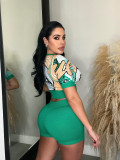 Print V Neck Crop Tops And Shorts Sport 2 Piece Set CM-8681