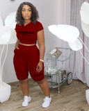 Letter Print Solid Hoodies And Shorts Two Piece Set LDS-3327